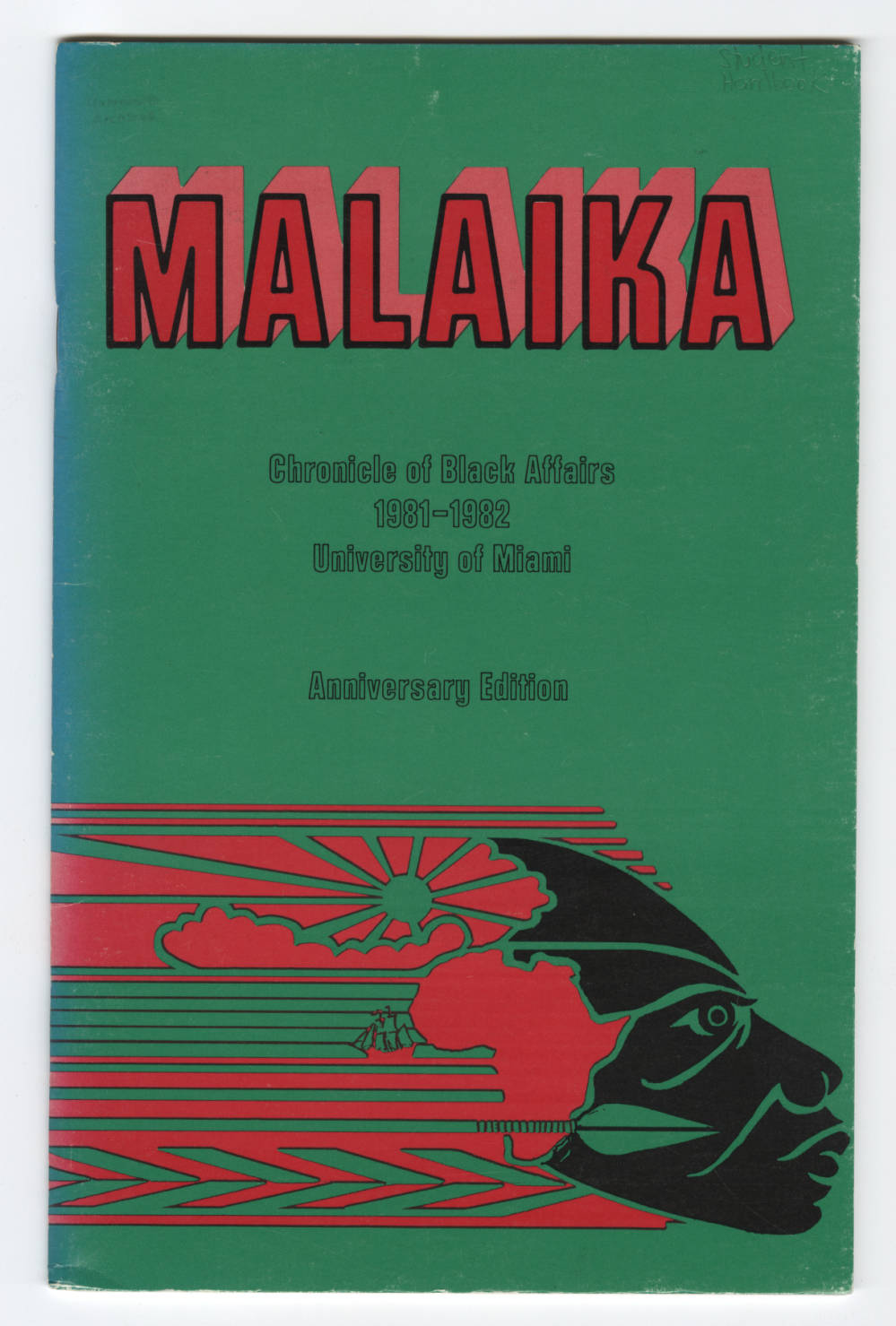cover of Malaika handbook, green background, red lettering, graphic design
