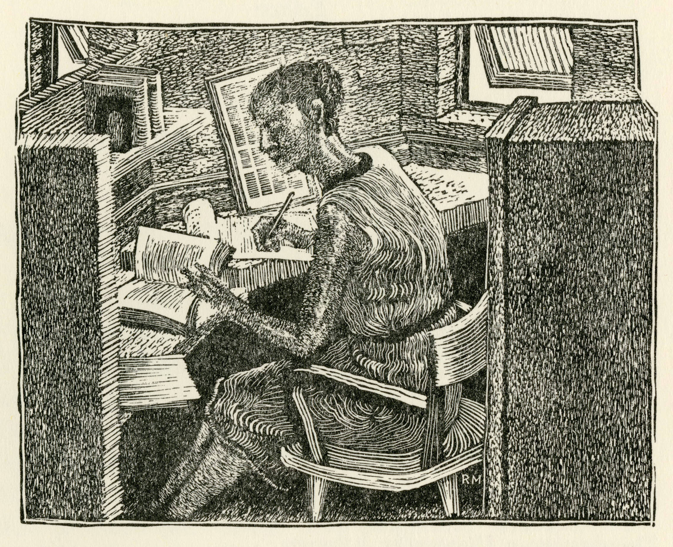 etching of woman at a desk with books; black ink on cream colored paper